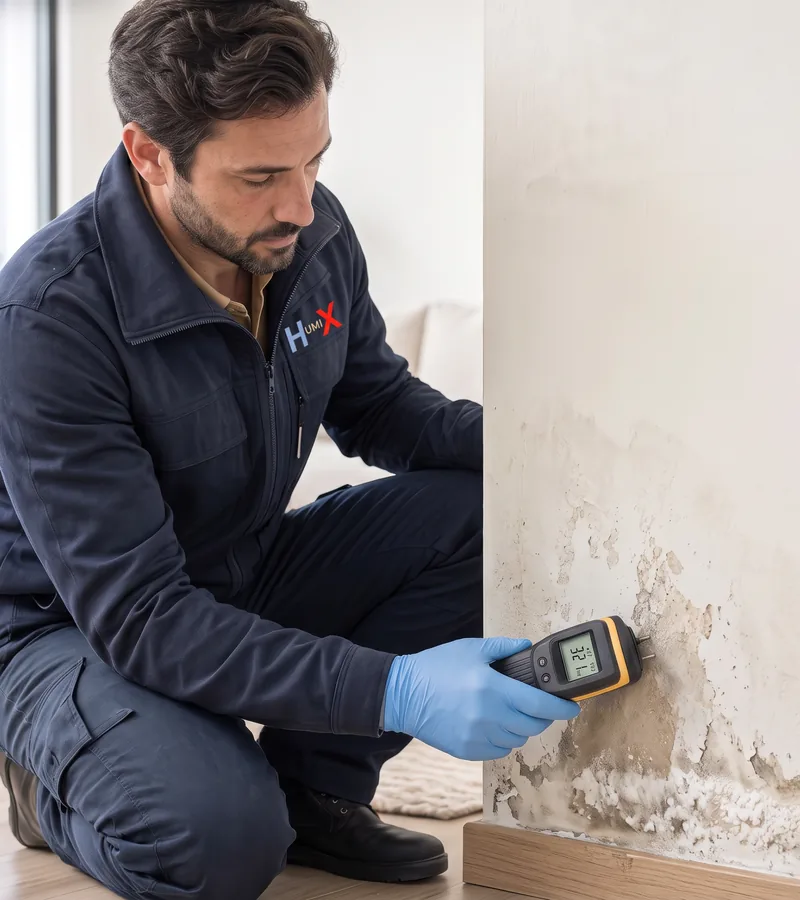 Rising damp and blown plaster at the bottom of a wall in Oldham